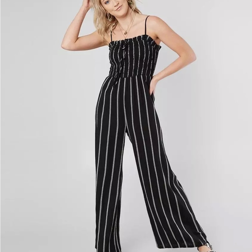 Billabong Black and White Striped Jumpsuit with Wide-Leg Design